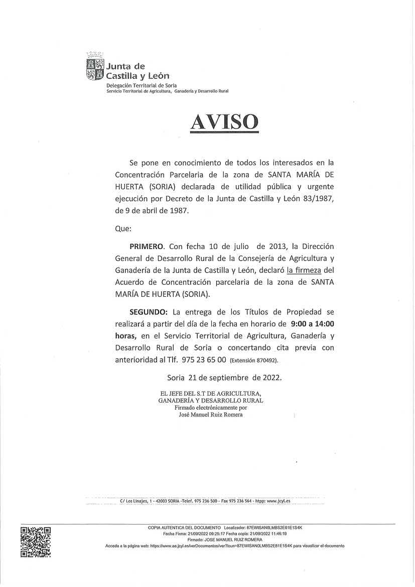 SMH- Aviso Concentración Parcelaria