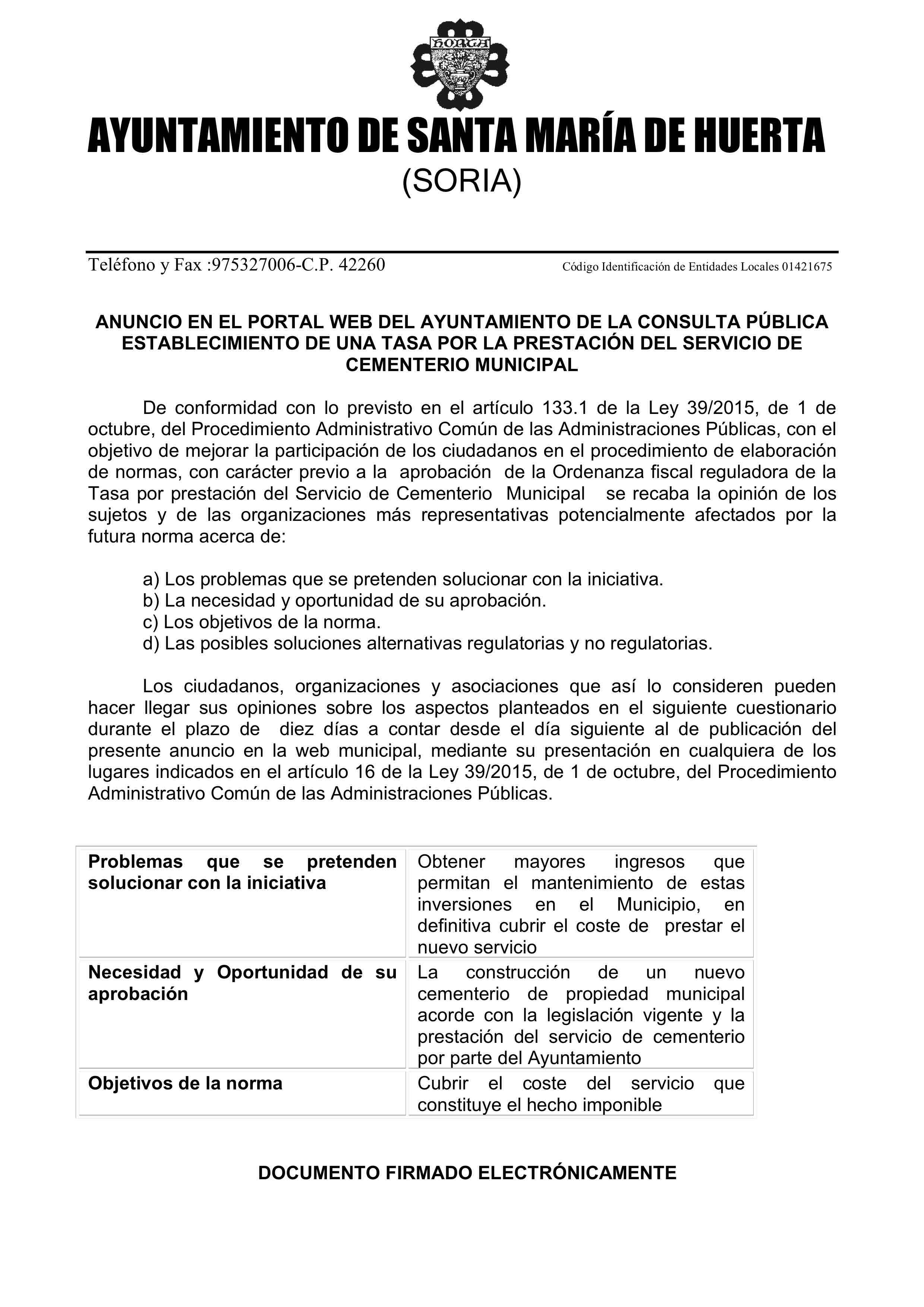 CONSULTA PÚBLICA ESTABLECIMIENTO DE UNA TASA POR LA PRESTACIÓN DEL SERVICIO DE CEMENTERIO MUNICIPAL