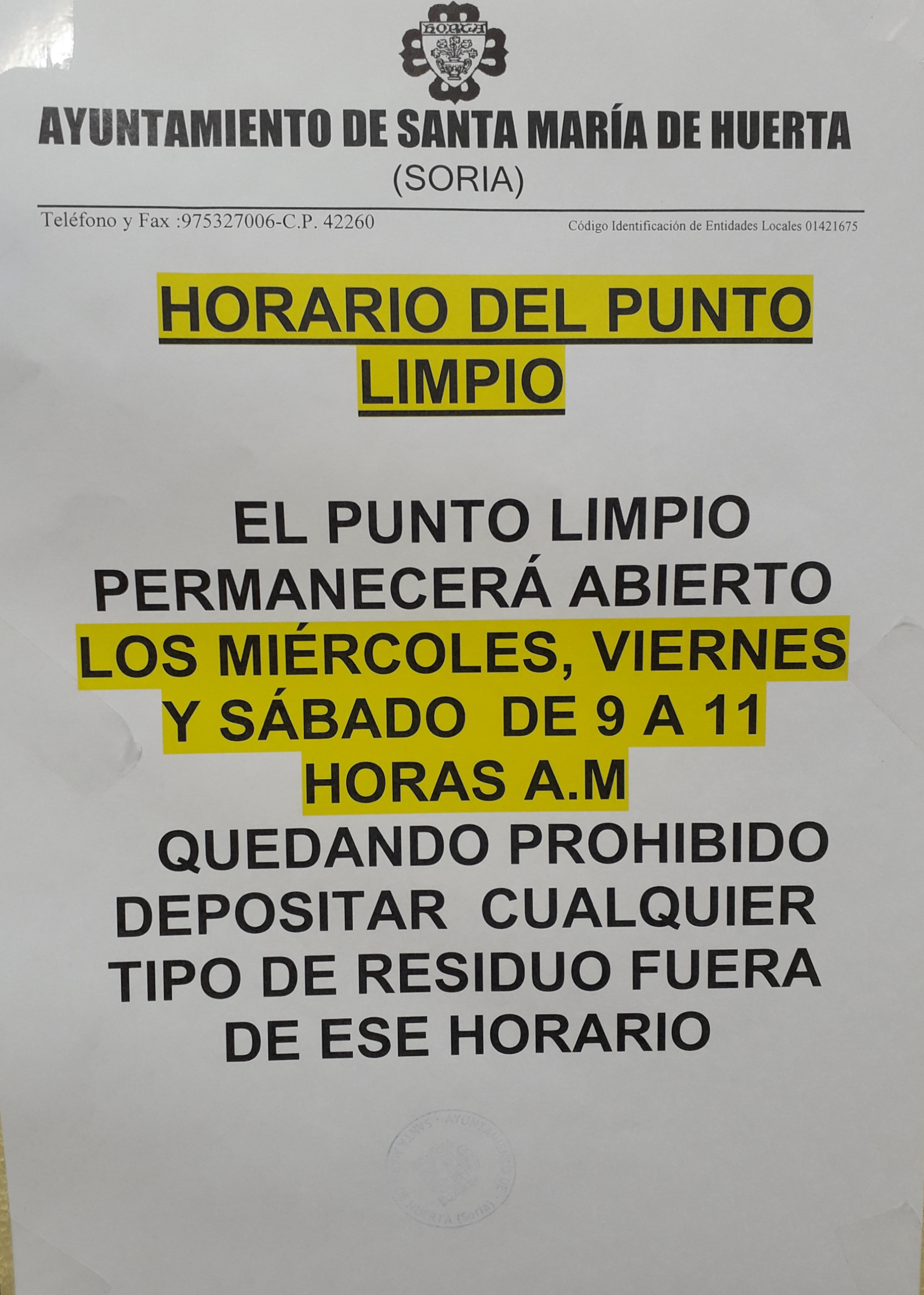 2020-09-Horario Punto Limpio-Santa María de Huerta