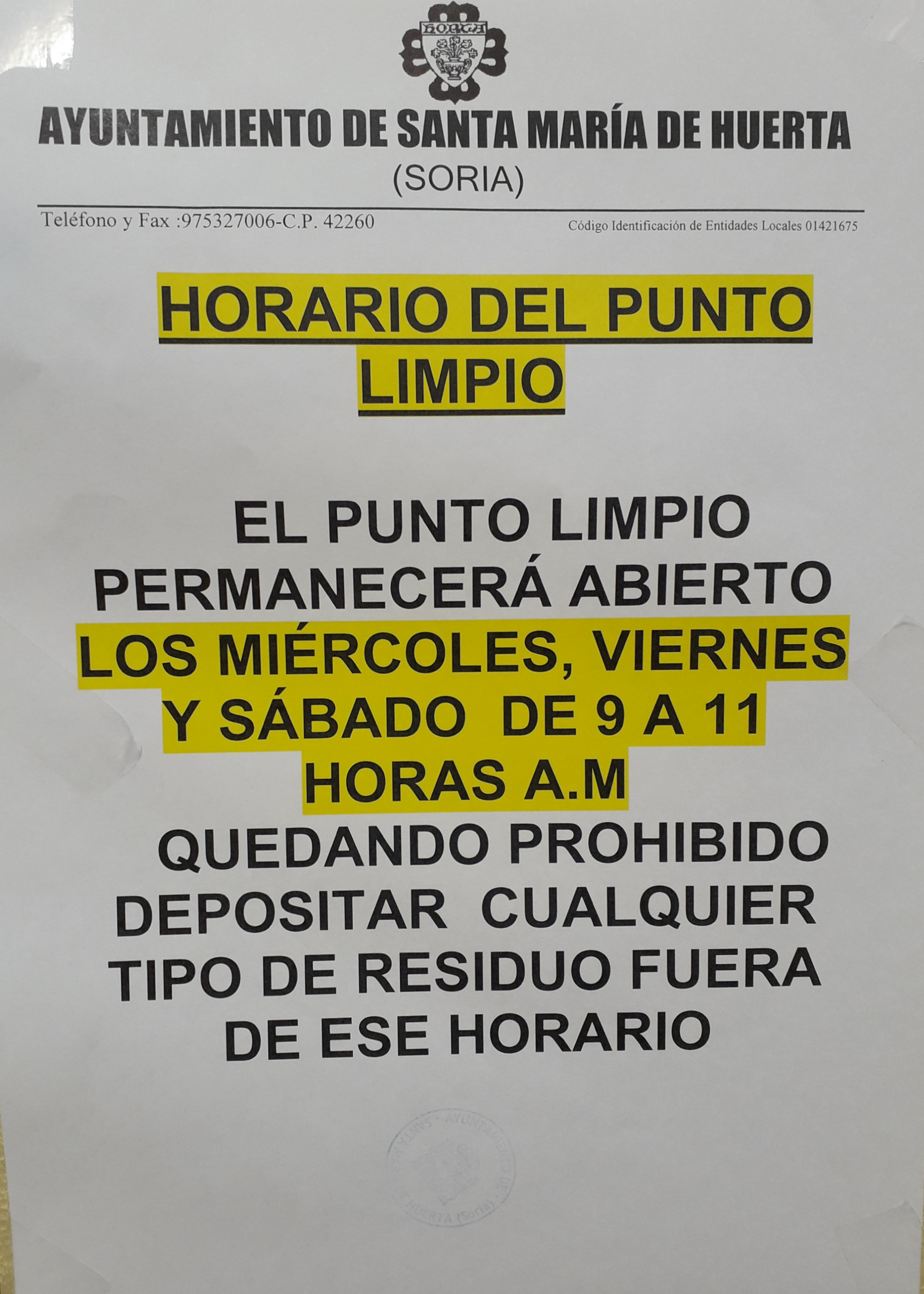 Punto Limpio - Horario - Santa María de Huerta